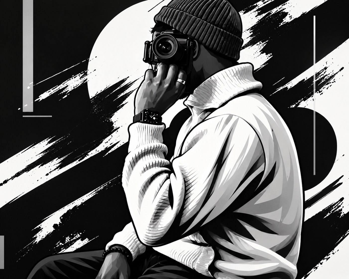 Rodrigue Montcheu, caméra à la main — illustration noir et blanc